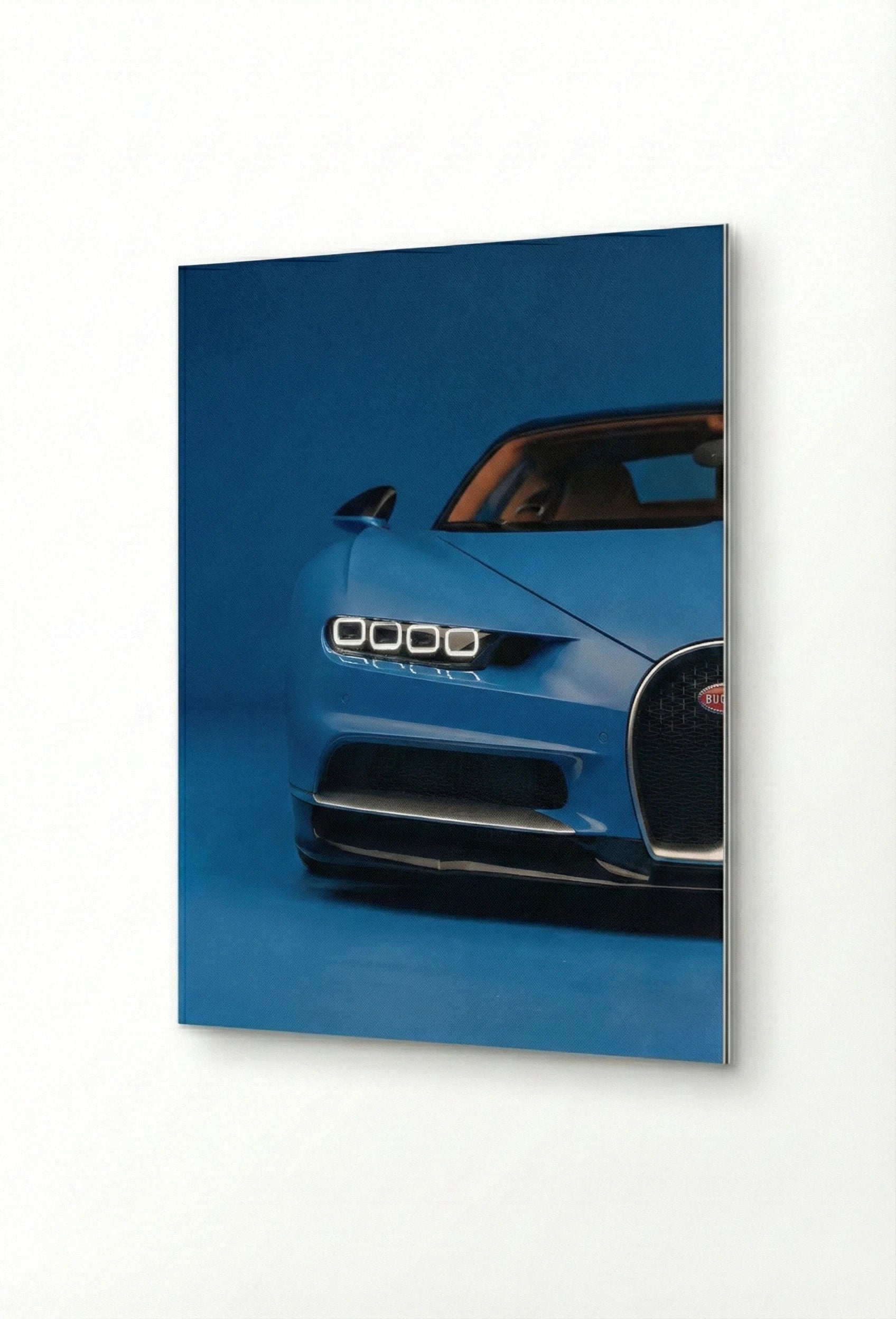 Aluminum print of a blue hypercar. luxury wall art for modern decor and garage