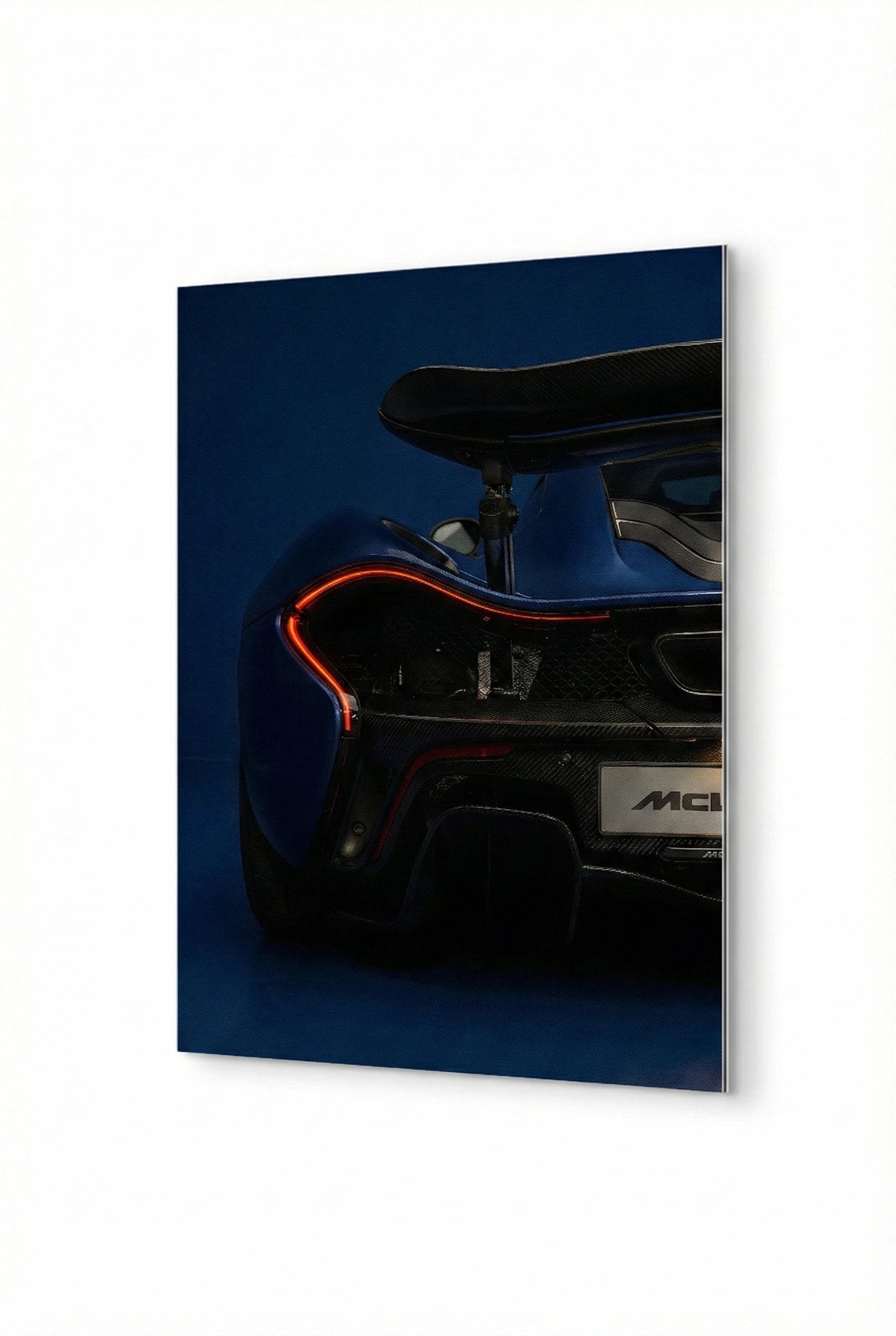 Aluminum Print of a blue supercar for garage and home decor