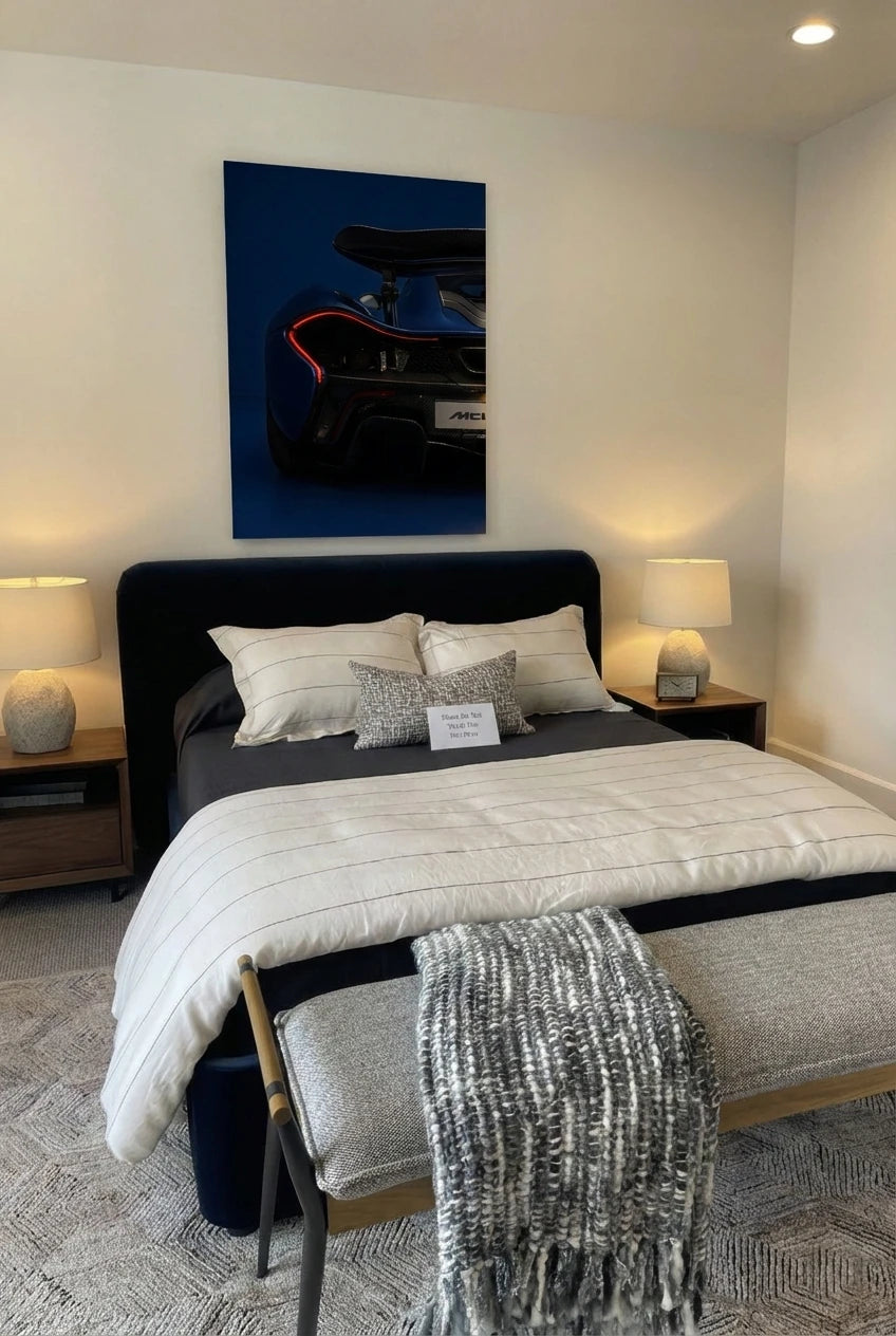 Aluminum print of a blue supercar for Modern bedroom decor and garage