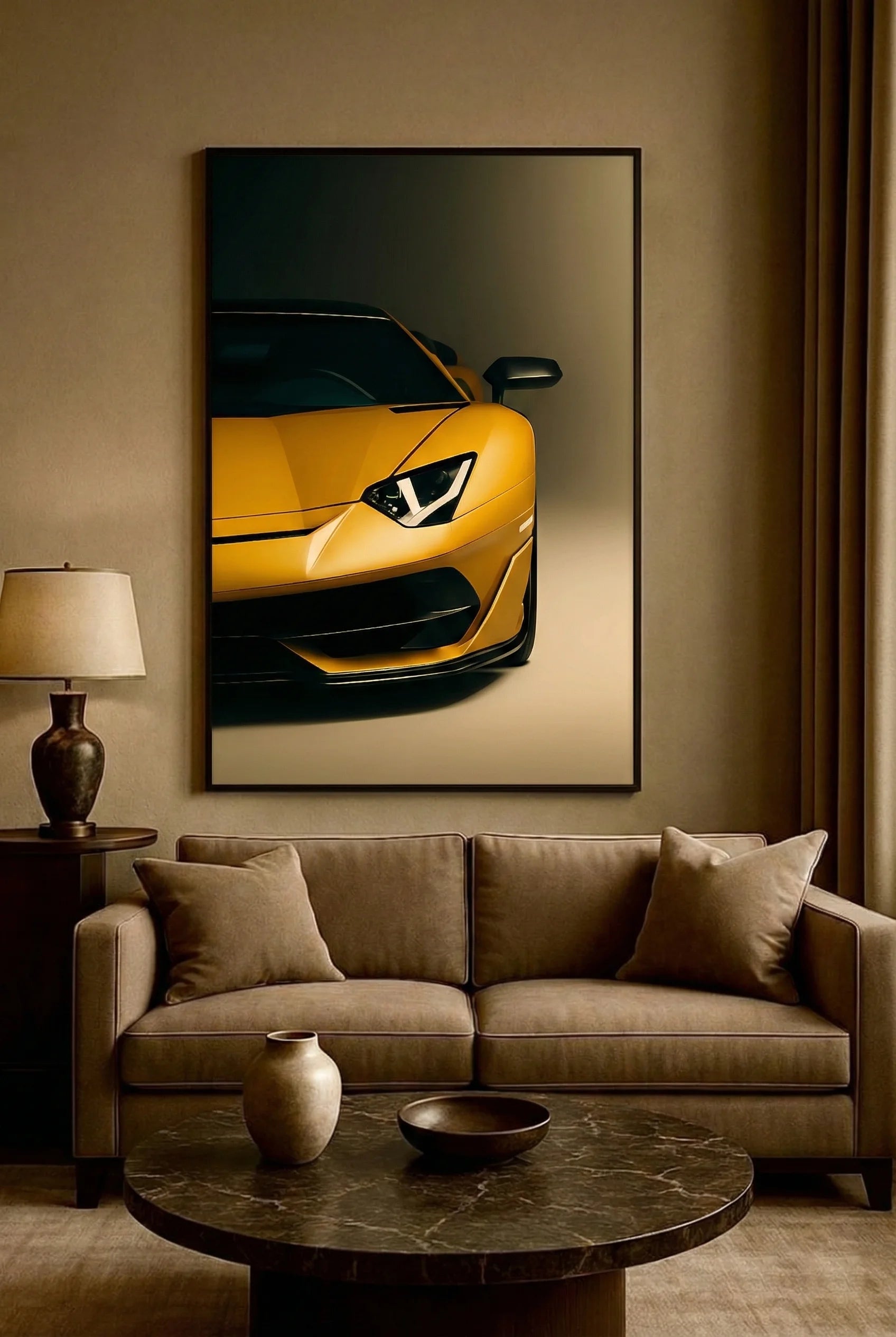 Golden sports car in a black frame on a beige wall above a brown sofa for home decor and garage