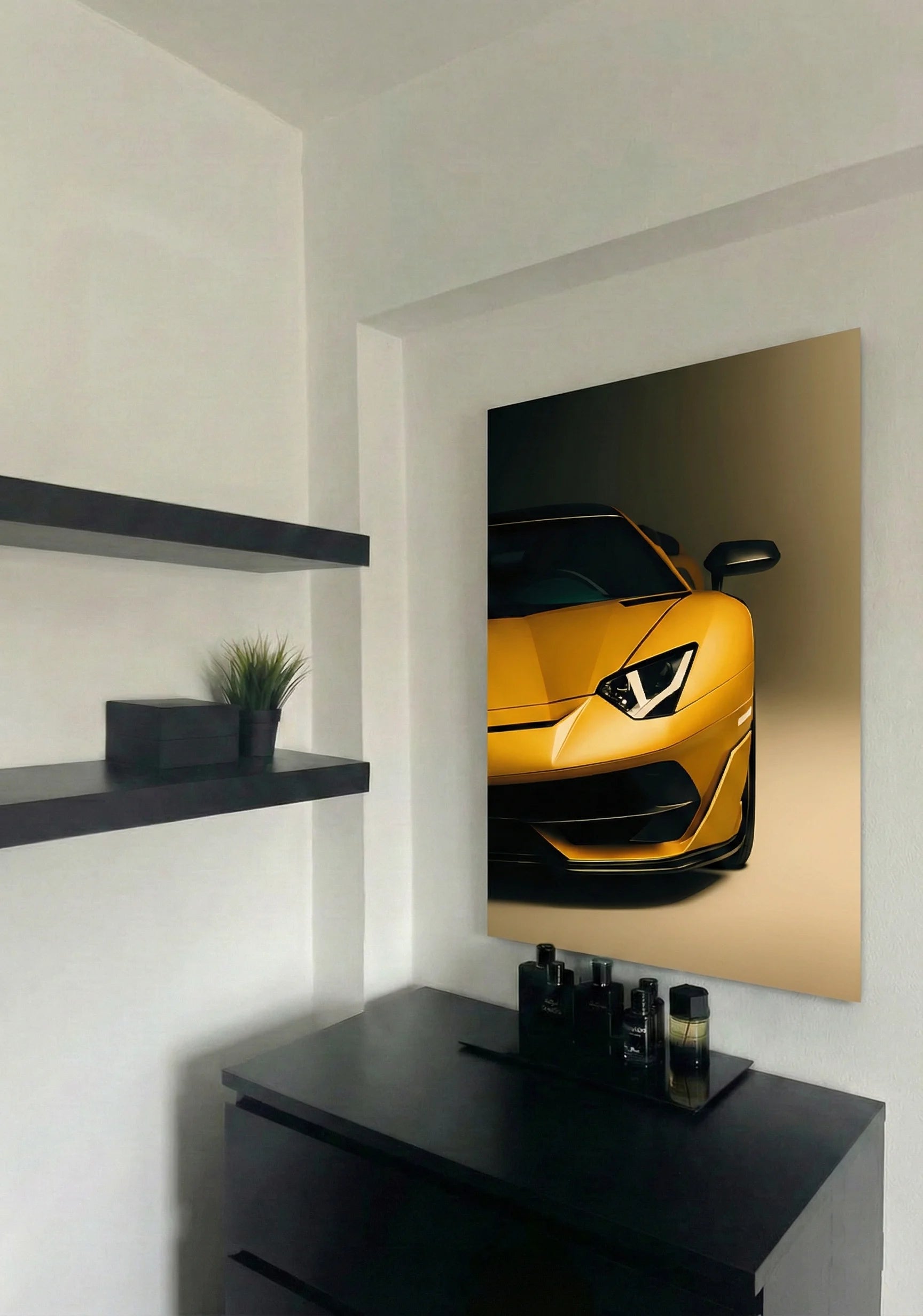 Aluminum Print of Goden sports car on a wall-mounted screen in a modern room.