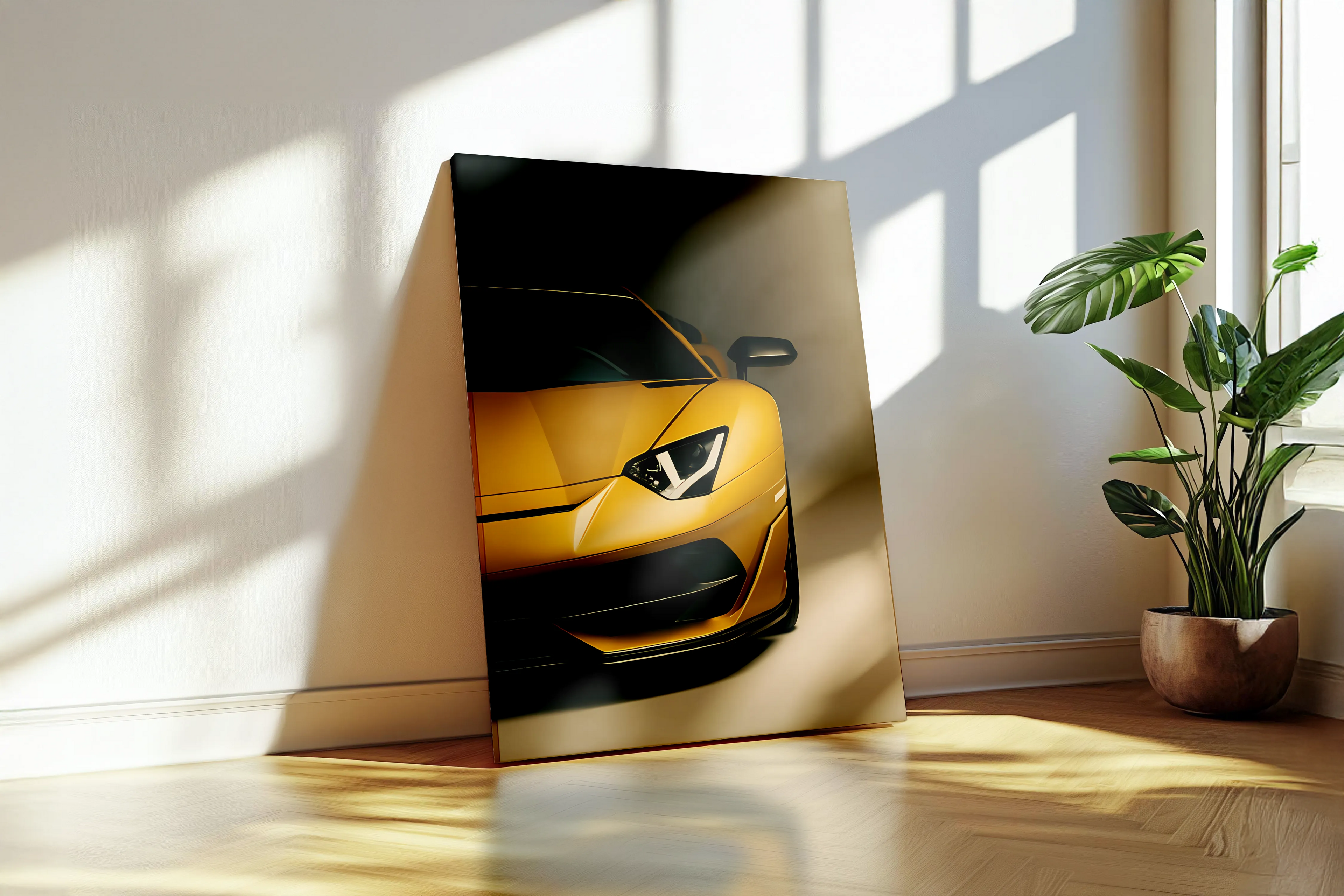 Aluminum print of a golden supercar on a wooden floor for boys room