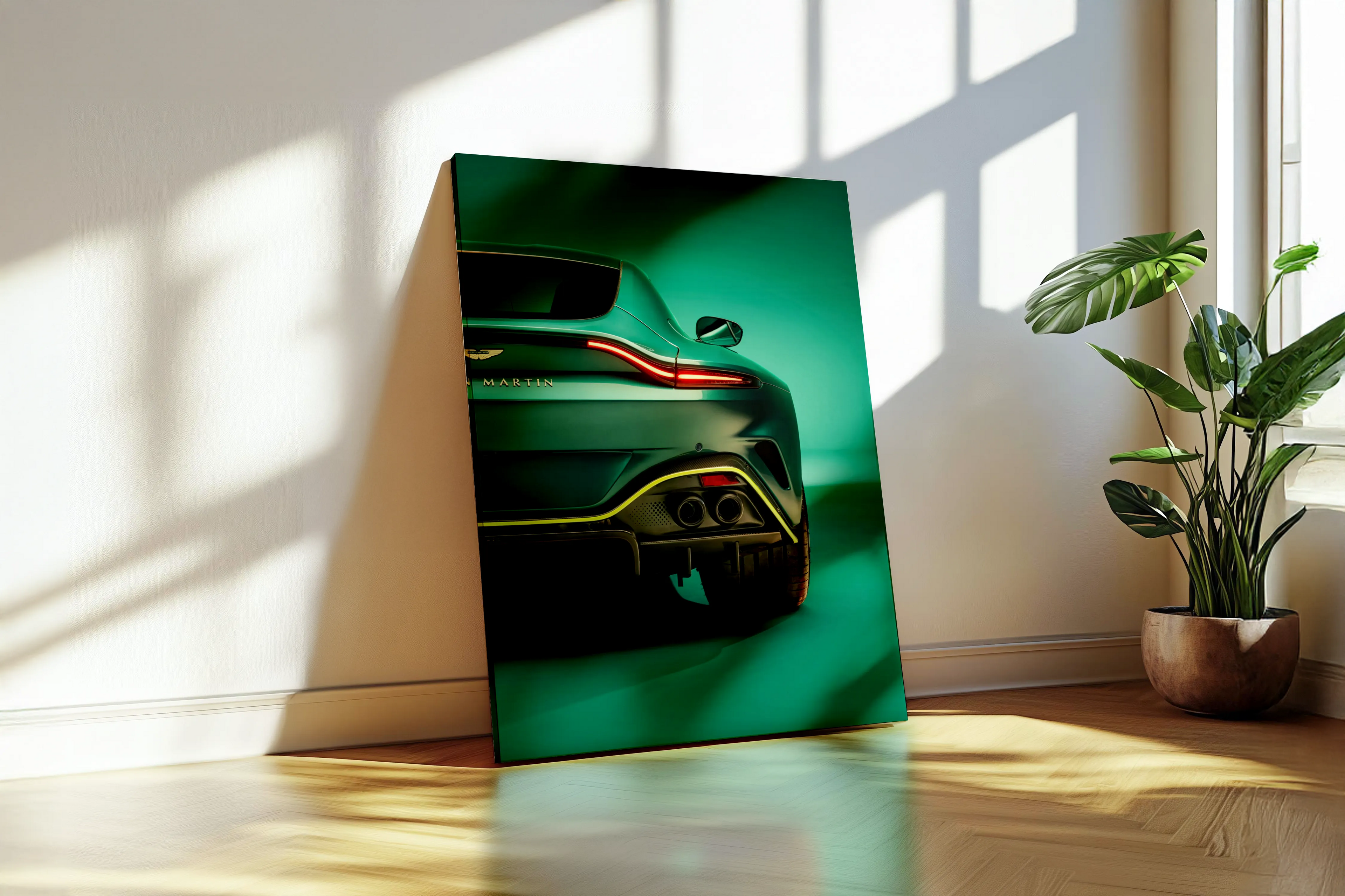 SuperCar Metal print on a wooden floor with a plant in the background