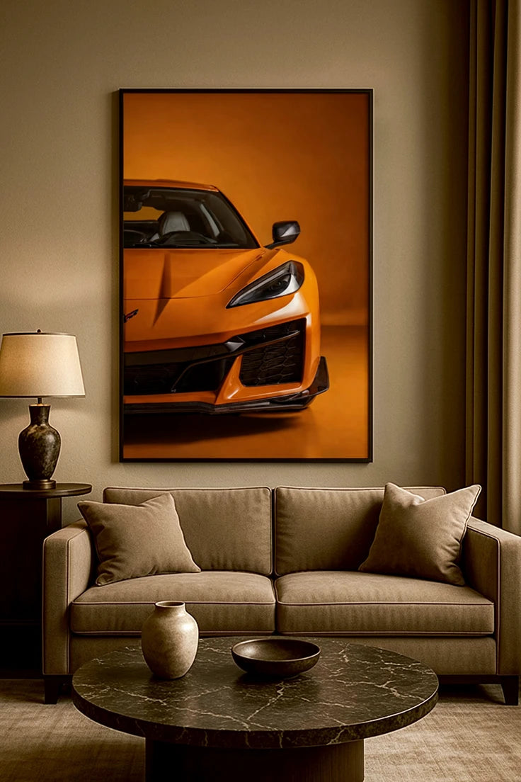 Orange Supercar wall print. Alarge framed art for men cave