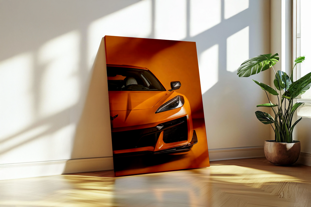 Metal print of an orange sports car on a wall with a plant beside it.