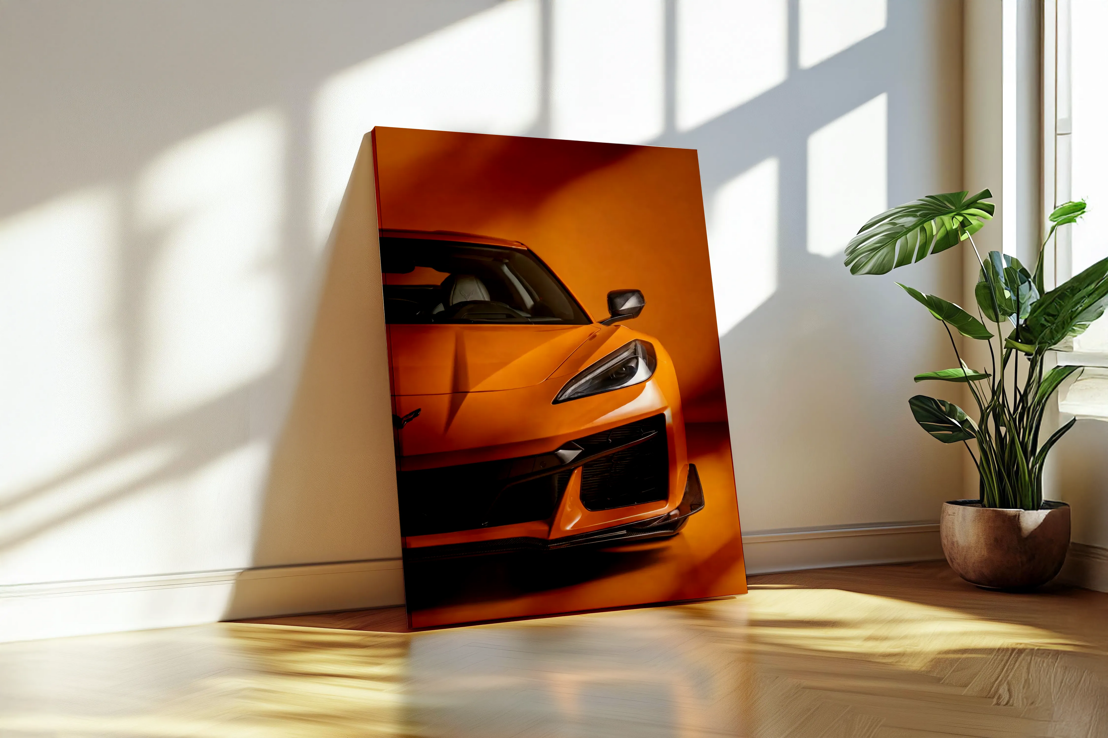 Metal print of an orange sports car on a wall with a plant beside it.