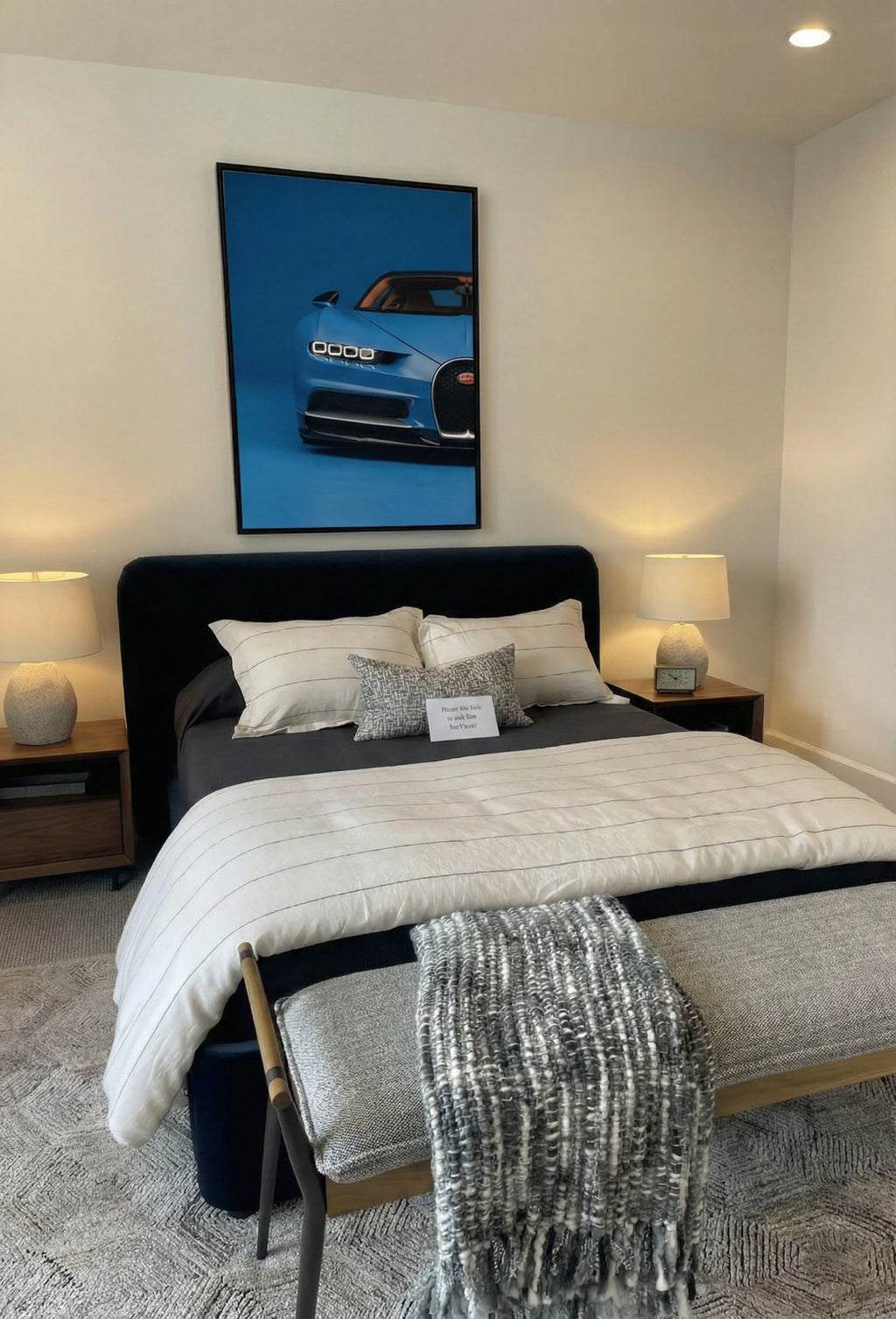 Modern interior decor with a sky blue hypercar framed wall art