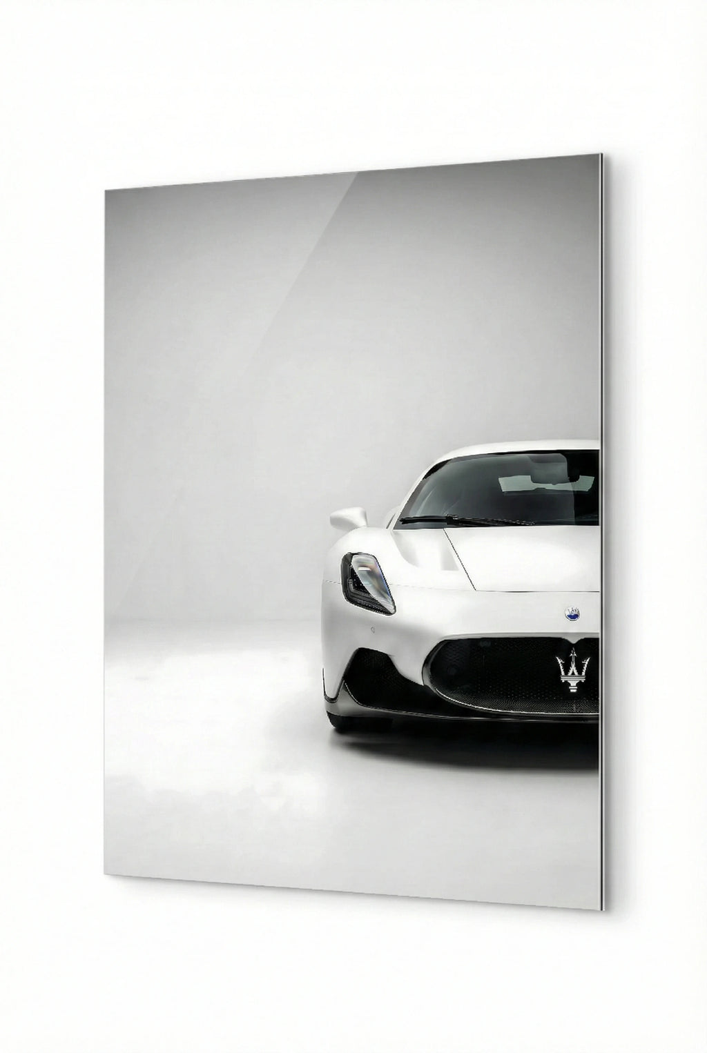 Aluminum print of a white Supercar on a gray background