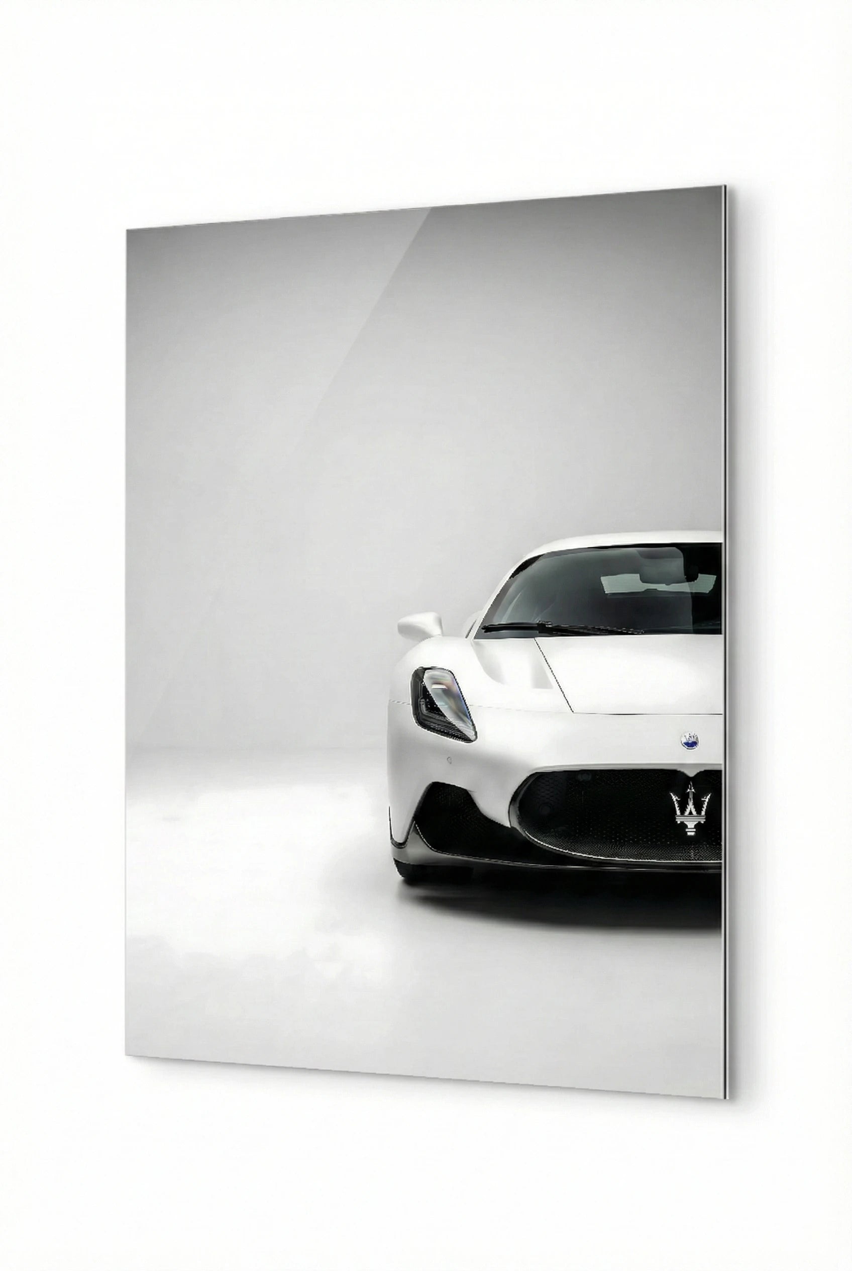 Aluminum print of a white Supercar on a gray background