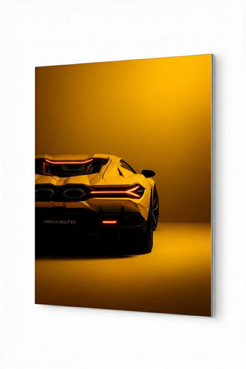 Metal Print of a yellow Supercar with glowing headlights